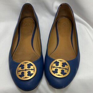 Tory Burch Reva Ballet Flats Women’s Royal Blue Leather Gold Logo Size 10